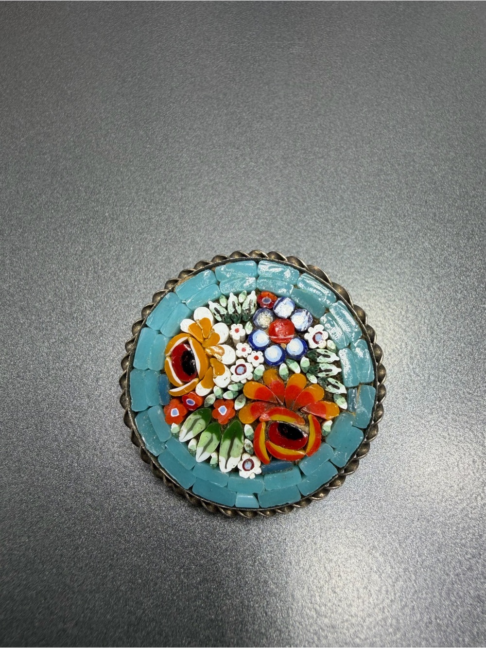 Vintage Floral Mosaic Brooch - Turquoise and Orange